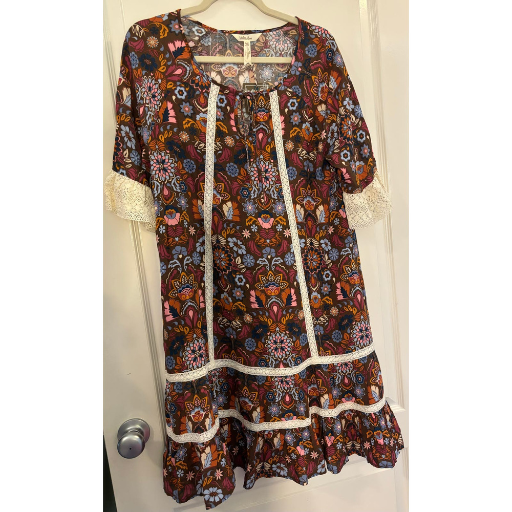 Matilda Jane Make Believe Woman’s Intermission Dress Brown Floral Lace Med NWT